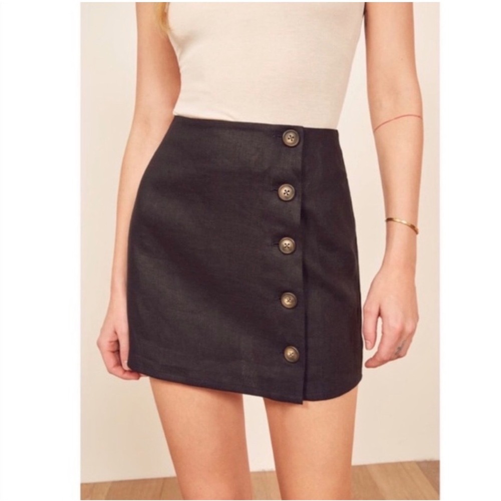 Reformation Candella Linen Mini Skirt Black Side Button Front Coastal - 2